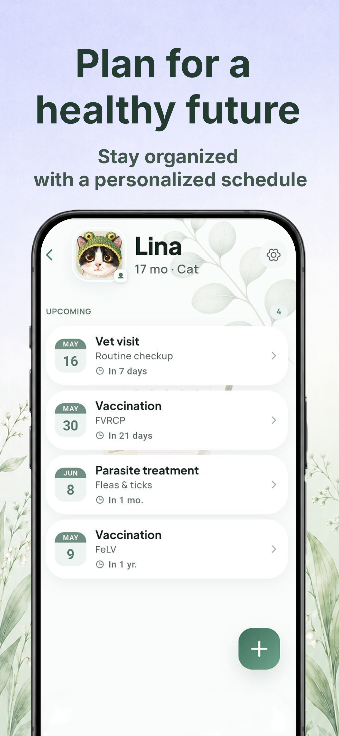 Plan for a healthy future — a personalized schedule of upcoming vet visits, vaccinations, and parasite treatments